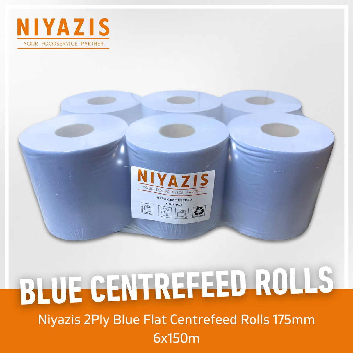 PREMIUM BLUE CENTREFEED ROLLS 2PLY 6X150M