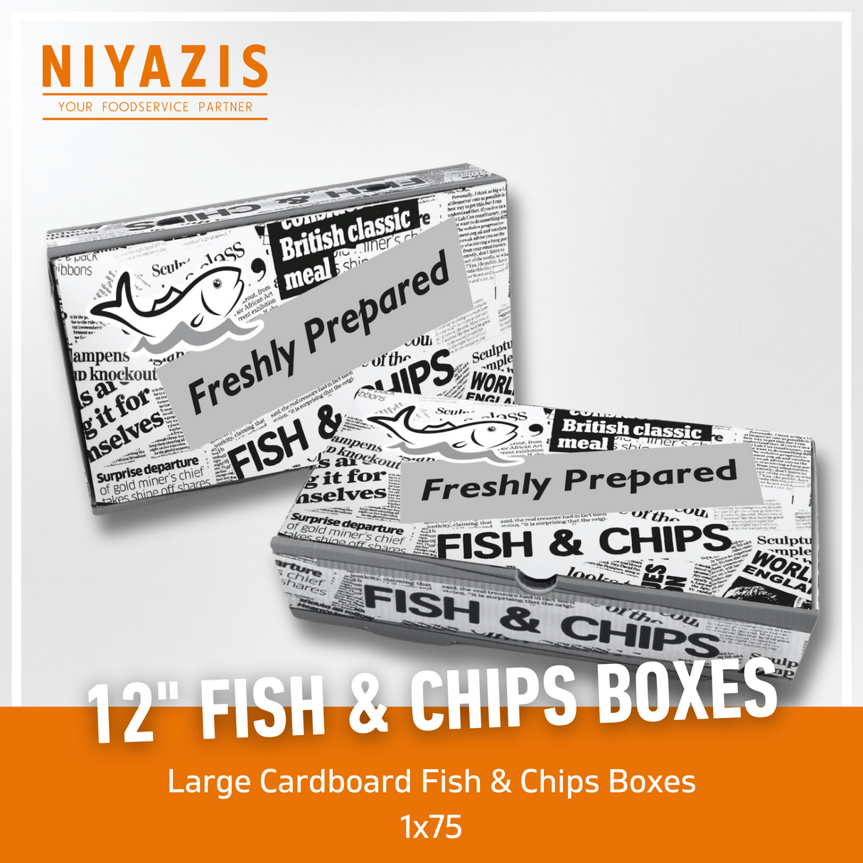 12" Cardboard Newsprint Fish & Chips Boxes 1X75